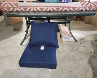 Patio Table, Indoor outdoor Rug, 2 New In Box Navy Patio Chair Cushion Sets