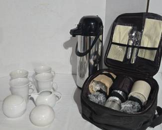 Travel Coffee Set, Coffee Dispenser, Set Of 4 Coffee Cups With Cream And Sugar Dishes