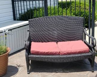 Patio Loveseat, Table, , Rust Red Umbrella, White Deck Box