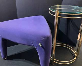 Purple Microfiber Triangle Shaped Stool Round Glass Top Side Table