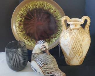 Rustic Urn, Artist Signed Duck Pottery, Glass Vase