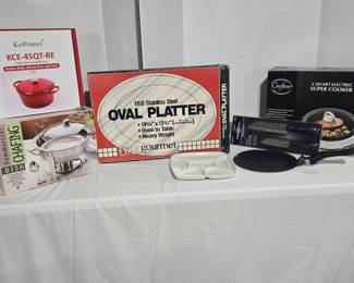 Electric Super Cooker, New Knife Set. Stainless Steel Serving Platter, Chafing Dish, Cast Iron Pot