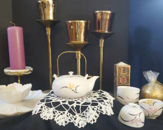 Japanese Tea Set, Vintage Art Deco Candy Dish, Crochet Doilies