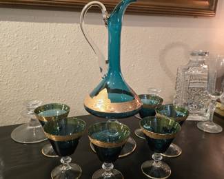 Mid century peacock blue glass decanter with cordial glasses