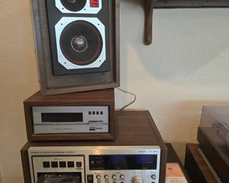Mid-century media stand console table. Yamaha CR-820 Stereo Receiver, Yamaha YP-211 belt drive turntable, Yamaha bookcase speakers, BSR McDonald 8 track stereo, Superscope TDR-820 8-track stereo recording system, Yamaha K-550 stereo cassette deck, collection of 8-track tapes