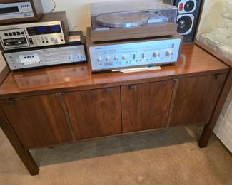 Mid-century media stand console table. Yamaha CR-820 Stereo Receiver, Yamaha YP-211 belt drive turntable, Yamaha bookcase speakers, BSR McDonald 8 track stereo, Superscope TDR-820 8-track stereo recording system, Yamaha K-550 stereo cassette deck, collection of 8-track tapes