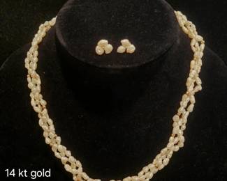 Rice pearl necklace and earrings with 14k gold clasps and beads