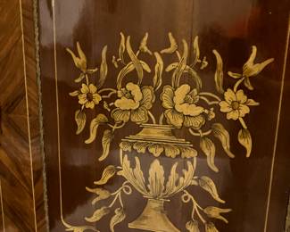 33 $700.00 French style inlaid cabinet - floral -red rouge marble - 37 1/2Wx15 1/2x41H - door needs to be re -attached