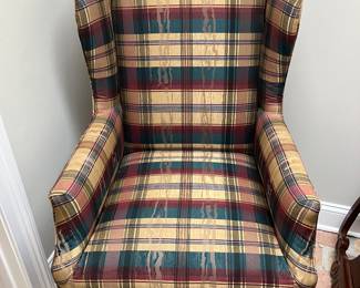 26 $120 each Pair of plaid wing back armchairs