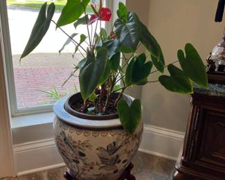 15 $80.00 Oriental planter on stand 16Dx21H with plant