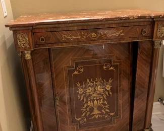 33 $700.00 French style inlaid cabinet - floral -red rouge marble - 37 1/2Wx15 1/2x41H - door needs to be re -attached