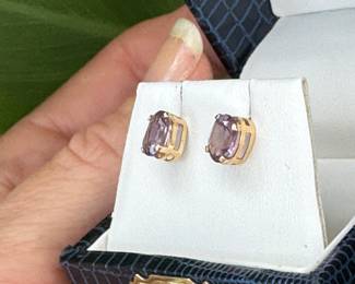 Earrings studs, oval, amethyst, on 10kt gold $80