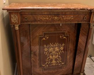 33 $700.00 French style inlaid cabinet - floral -red rouge marble - 37 1/2Wx15 1/2x41H - door needs to be re -attached