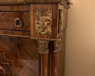 33 $700.00 French style inlaid cabinet - floral -red rouge marble - 37 1/2Wx15 1/2x41H - door needs to be re -attached