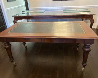 43 - $600 - Polo Ralph Lauren large mahogany table leather insert tapered legs brass casters 65Wx35Dx30H - 2 drawers