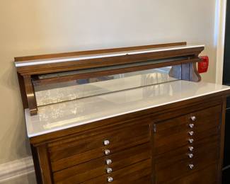 49 $650.00 Antique dental cabinet with original milk glass inserts 36x12 1/2 x54T
