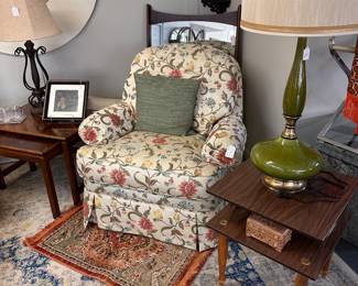 Ethan Allen Floral Swivel Chair, "Green Goddess" 1960s table lamp