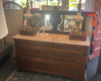 Marble Top Buffet Server, Buffet Mirror, Pair of 1950s Lenox Lamps Torchiere style