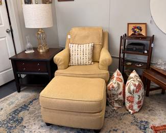 Ethan Allen Chair with Ottoman, Wysocki and others Folk Art, End Table, Pillows, Nested End Tables, Crewel Work, Needlework