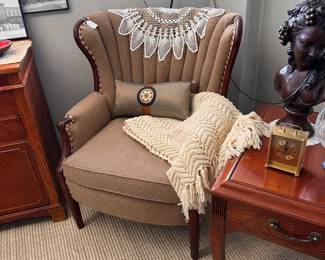 channel back wing chair, Ethan Allen end tables, busts