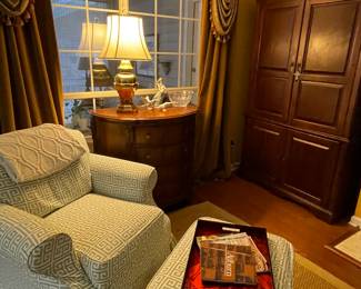 Chair w/ottoman, armoire caninet