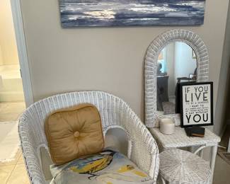 Wicker chair, table, mirror