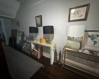Multiple side tables, art, lamps etc