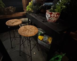 Two barstools $30 plant station $30 strawberry pot $25 Asian inspired pot with flowers. $15.