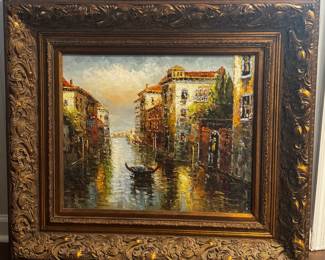 Original Venetian oil Venice canal scene with ornate gold frame $300.