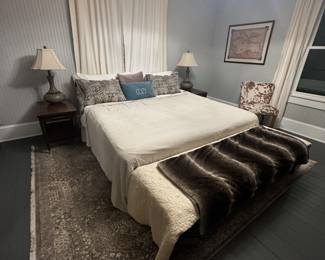 Mid-century modern night stands $75 each memory phone king size mattress, box springs mattress pad and frame $150 blanket bench, $40 large, soft gray area rug $150 cow print chair $65 lamps $35 each map $30