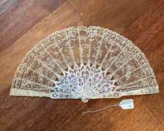C63 - $150. Beautiful Mother of Pearl and Lace Hand fan. Suitable for framing. Does have a monogram in the lace. "FLS"