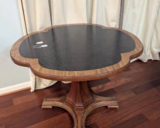 C117- $150. MCM Clover Shaped table. This Table height is adjustable with a lever. Made in Westbury NY Measures 39.5" Wide. Height ranges from coffee and dining height. Great table for cards!