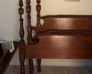 C45 - $400. Pair of solid wood Twin bed Frames with acorn finials. With Iron box spring supports, wood rails & bolts. Measures 44" wide x 74.75" long x 47.25" tall.