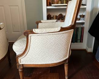 C85 - $500 Pair. Gorgeous Antique Upholstered Chairs. Measures 26" wide x 30" deep x 38" tall. Have been reupholstered - cushions feel like down. Beautiful statement pieces!