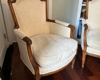 C85 - $500 Pair. Gorgeous Antique Upholstered Chairs. Measures 26" wide x 30" deep x 38" tall. Have been reupholstered - cushions feel like down. Beautiful statement pieces!