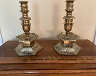 C84 - $95 PAIR. Antique (Kragen-Leuchter?) Brass Scandinavia Candle Holders. HEAVY. They measure 11" tall.