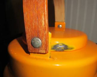 C101- $15. Danish MCM Orange Enamel Small Tea Kettle. As is (some Rubbing on lid)