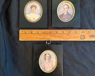 C22 - $225 for the trio. Emma Siboni artist (1877-1940) Original Miniature Paintings / Portraits on Celluloid. Each measures 4.5" Wide x 5.5" tall.