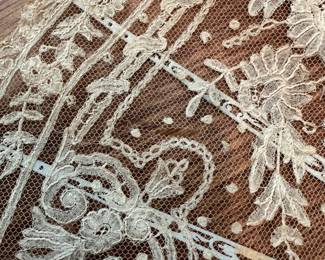 C63 - $150. Beautiful Mother of Pearl and Lace Hand fan. Suitable for framing. Does have a monogram in the lace. "FLS"