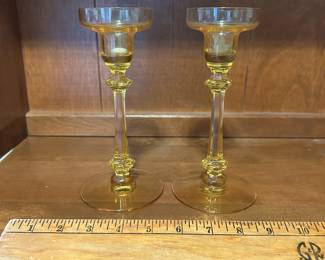 C51- $25. Pair of Yellow Pressed Glass Candle Sticks.