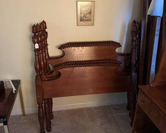 C45 - $400. Pair of solid wood Twin bed Frames with acorn finials. With Iron box spring supports, wood rails & bolts. Measures 44" wide x 74.75" long x 47.25" tall.