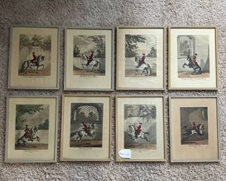 C43- $200. Set of 8. Joann Elias Ridinger Equestrian Hand Colored Engravings. Numbers 43, 41, 35, 15, 21, 32, 40, 26. Each measures 8.75" wide x 10.25" tall.