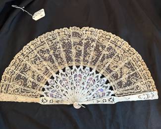 C63 - $150. Beautiful Mother of Pearl and Lace Hand fan. Suitable for framing. Does have a monogram in the lace. "FLS"