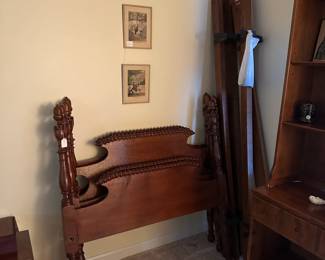 C45 - $400. Pair of solid wood Twin bed Frames with acorn finials. With Iron box spring supports, wood rails & bolts. Measures 44" wide x 74.75" long x 47.25" tall.