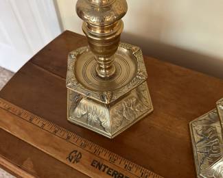 C84 - $95 PAIR. Antique (Kragen-Leuchter?) Brass Scandinavia Candle Holders. HEAVY. They measure 11" tall.