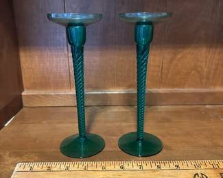C49- $50. Pair of Kastrup Glassworks Candle Holders. Measures 9" tall.