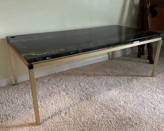 C77- $50. Very Sturdy, Large Acrylic Marbled top Coffee Table with brass frame (designed to look like stone - easier to move!) Measures 55.25" wide x 27.5" deep x 20.5" tall.
