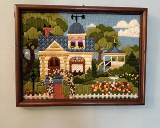 C16 - $15. Country Home Crewel. Measures 15" Wide x 11.5" Tall.