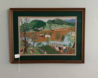 C9 - $40. Folk Art Cross Stitch. Measures 26" Wide x 19.25" Tall.