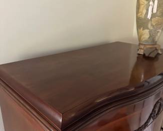 C3 - $450. Sheraton Style Serpentine Tall Chest of Drawers, has key, a few minor imperfections noted in pictures. Measures 40.5" Wide x 21" Deep x 59" Tall